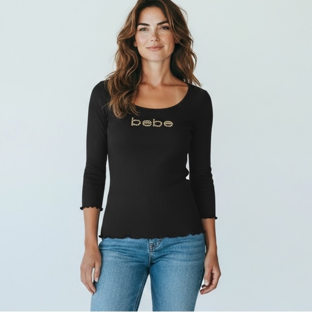 Bebe Y2K Black lace trim ribbed 1/4 sleeve top rhinestone Logo Sz L